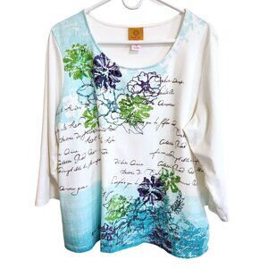 Ruby Rd. 3/4 Sleeve Scoop Neck Top with Sequins, Aqua Floral Size 1X